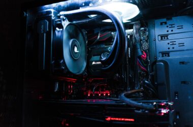 turned-on black and red computer tower