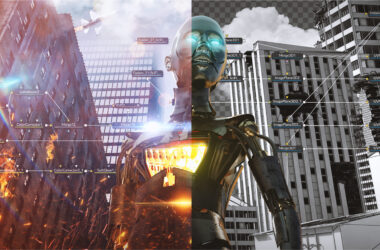 Fusion node graph overlaid on robot and city VFX composite