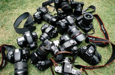 high angle photo of DSLR cameras