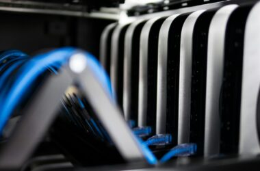stack of compute nodes with blue ethernet runs, dark