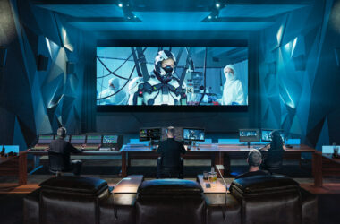 wide dark DI theatre: projection screen, consoles, treated walls, bias glow