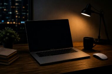 MacBook Pro on a dark wood desk at night, city bokeh, lamp