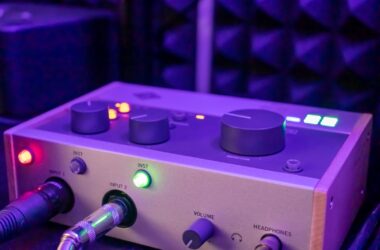 Desktop audio interface with XLR and TRS cables in inputs 1 and 2