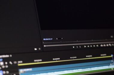Close-up of a video editing timeline on a dark screen