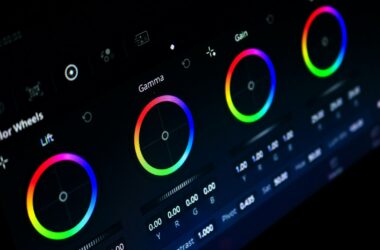 Close-up of the DaVinci Resolve color wheels palette on a dark screen, showing the Lift, Gamma and Gain wheels with their YRGB value readouts