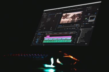 A video editing timeline open on a dark monitor