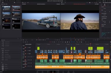 DaVinci Resolve Studio 21 Edit page with a multicam timeline, a pickup truck on a desert road in the source viewer and a man in a cowboy hat in the timeline viewer