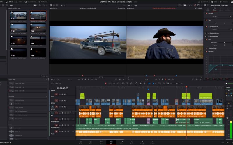 DaVinci Resolve Studio 21 Edit page with a multicam timeline, a pickup truck on a desert road in the source viewer and a man in a cowboy hat in the timeline viewer