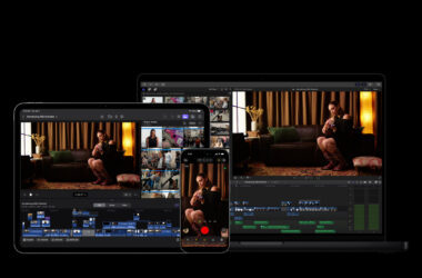 Final Cut Pro open on a MacBook Pro and an iPad next to an iPhone running Final Cut Camera, on a black background