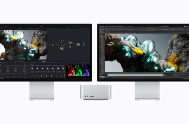Apple Mac Studio between two Studio Displays, one showing DaVinci Resolve Studio color page, the other Houdini