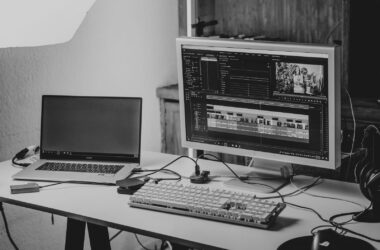 Black and white photo of a home editing desk with a laptop, a monitor showing a timeline, a portable SSD, a keyboard and headphones
