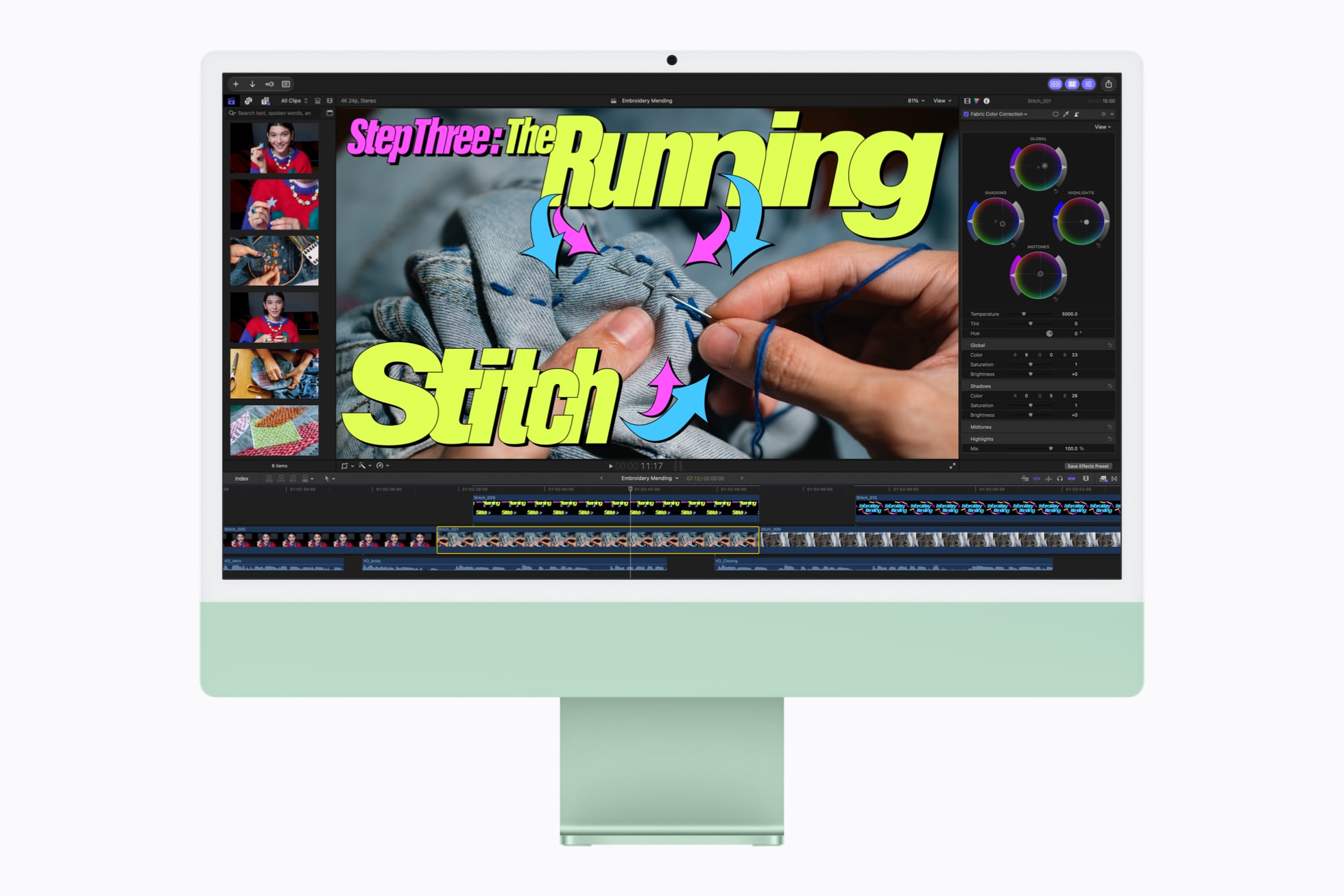 A green 24-inch iMac M6 with a Final Cut Pro timeline and color wheels on screen