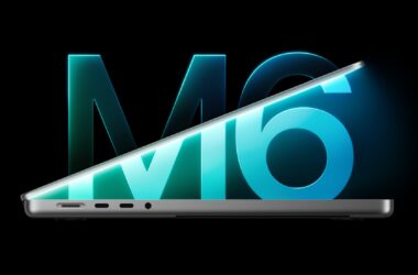 A partly open 14-inch MacBook Pro seen from the side against a glowing M6 logo