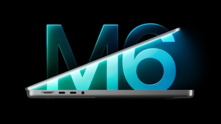 A partly open 14-inch MacBook Pro seen from the side against a glowing M6 logo