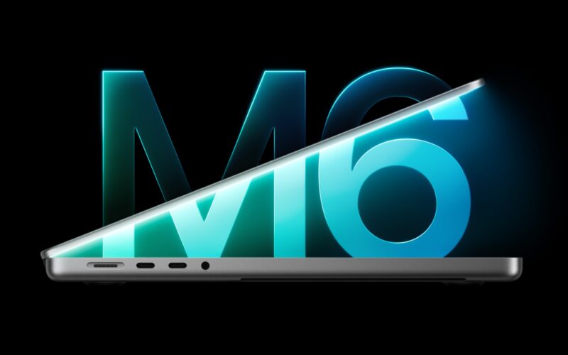 A partly open 14-inch MacBook Pro seen from the side against a glowing M6 logo