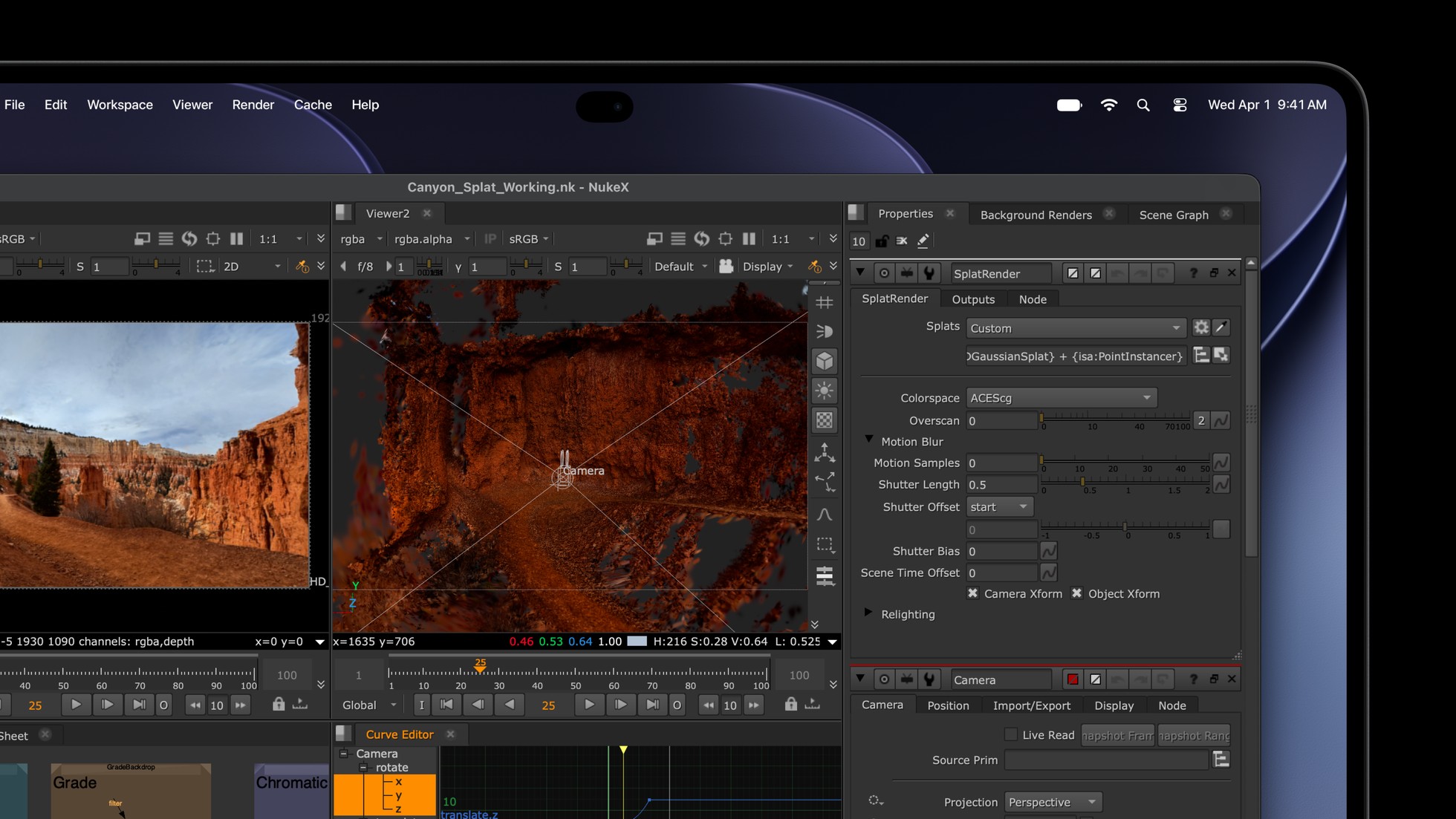 A MacBook Pro with PROLED XDR Display running a NukeX compositing session with a canyon Gaussian splat in the viewer