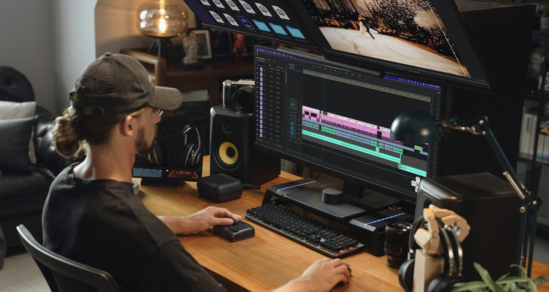 An editor at a desk working a video timeline on a large monitor, controller and keyboard in front