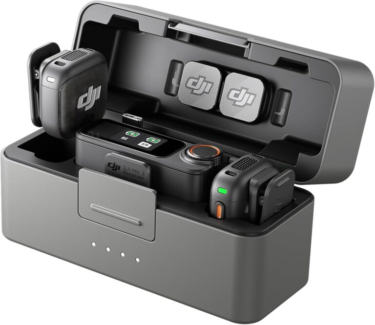 DJI Mic 3 receiver and two transmitters in the open charging case