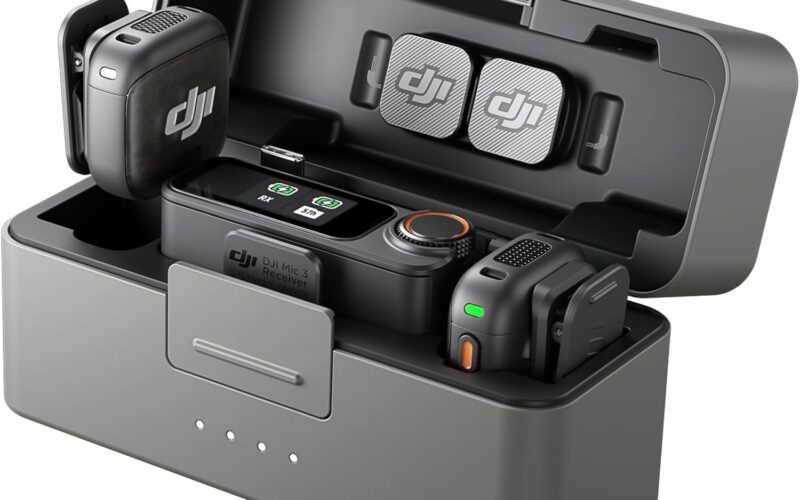 DJI Mic 3 receiver and two transmitters in the open charging case
