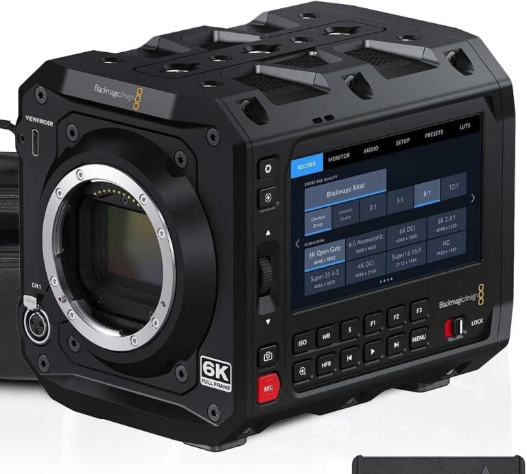 Blackmagic PYXIS 6K box camera body showing the lens mount and the rear touchscreen