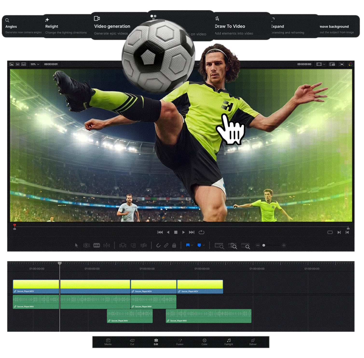 Close-up of the Higgsfield plugin panel inside DaVinci Resolve with its seven tools