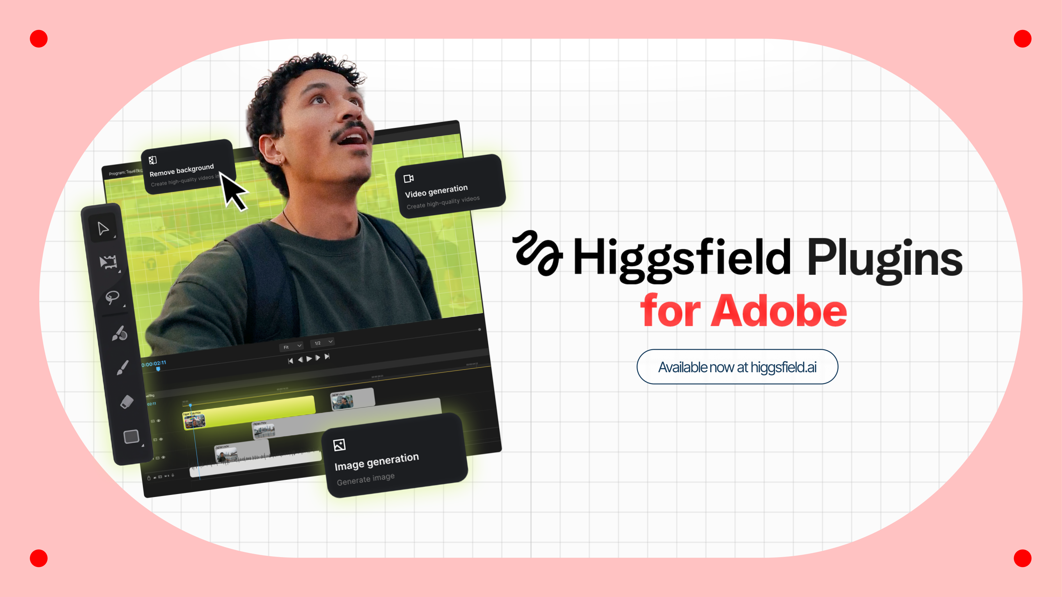 Premiere Pro workspace with the Higgsfield plugin panel open