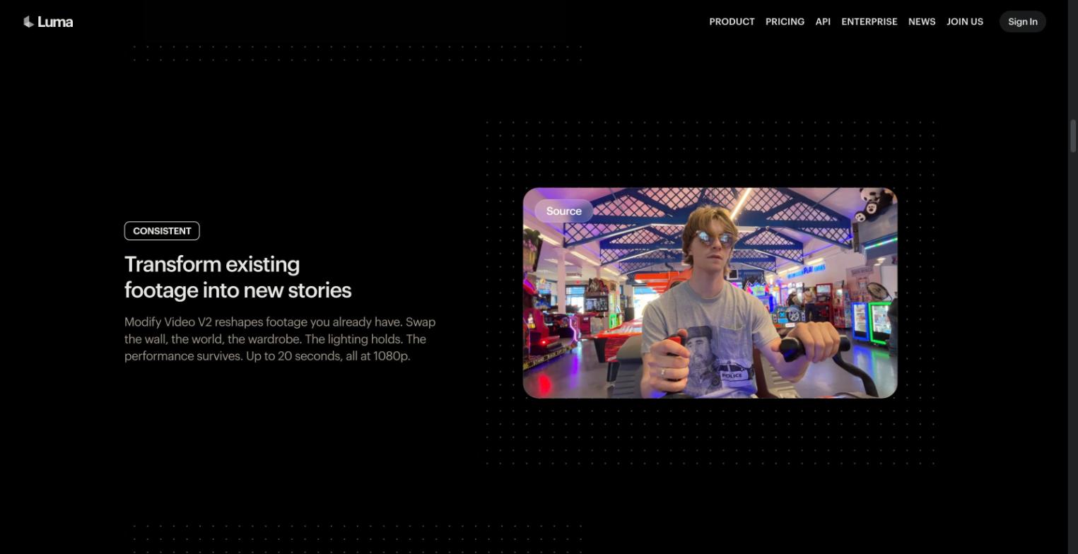 The Modify Video section of Luma's Ray3.2 page with a source clip ready to be restyled