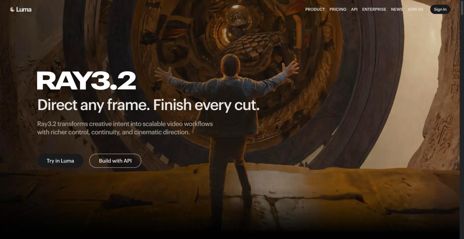 Luma's Ray3.2 page listing Modify Video, Reframe, HDR generation and EXR export