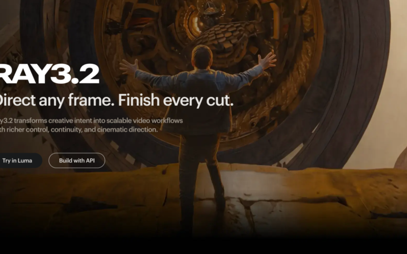 Luma's Ray3.2 hero: a man with arms outstretched facing a vast golden mechanical structure