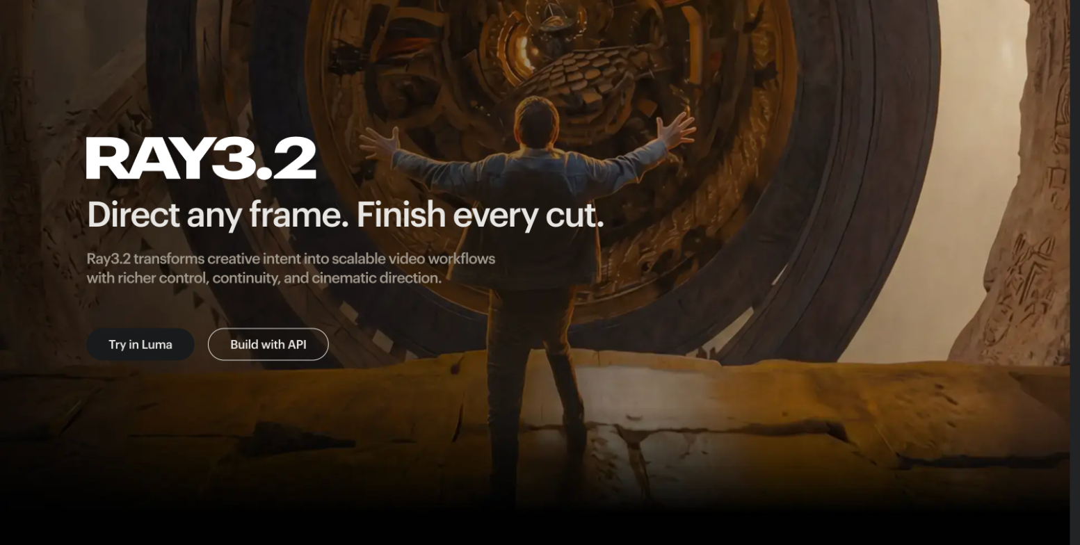 Luma's Ray3.2 hero: a man with arms outstretched facing a vast golden mechanical structure